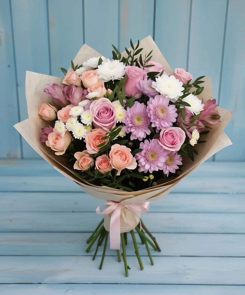 Букет цветов из: Хризантемы, Розы и Альстромерии в Хомутово Иркутская область