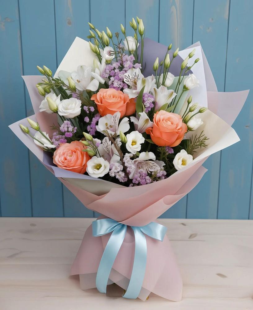 Букет цветов из: Лизиантусы, Розы, Альстромерии и Гипсофила в Хомутово Иркутская область