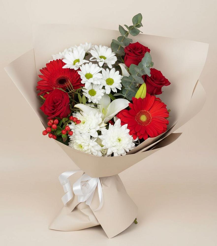 Букет цветов из: Розы, Хризантемы, Герберы и Лилии в Хомутово Иркутская область