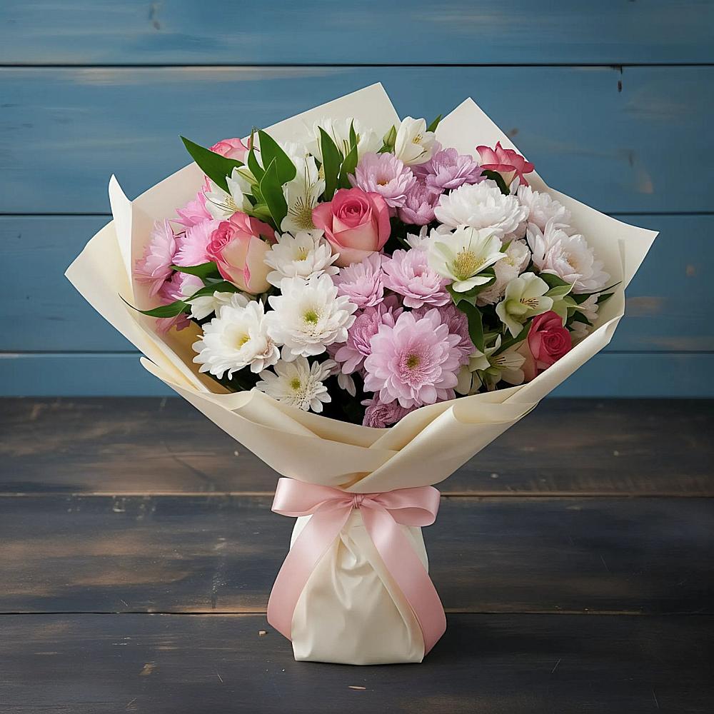 Букет цветов из: Хризантемы, Альстромерии и Розы в Хомутово Иркутская область